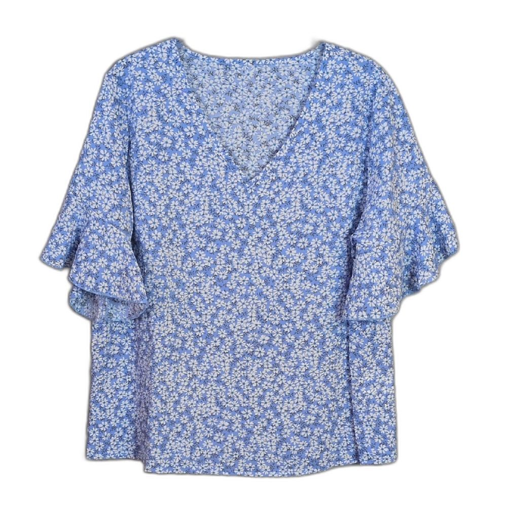 Shein Curve Blue Daisy Floral Flutter Sleeve Top Women's 0XL